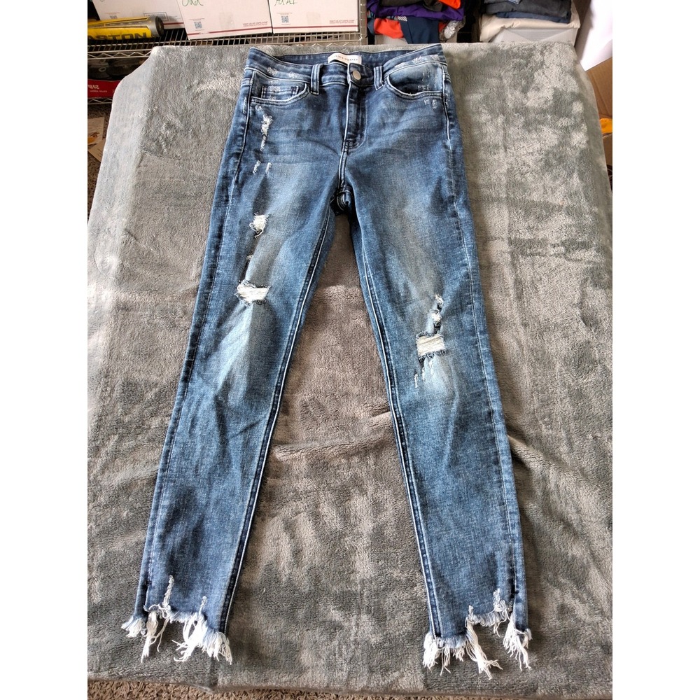 Flying Monkey Distressed Skinny Jeans Blue‎ Medium Wash Frayed Shark Bite Womens